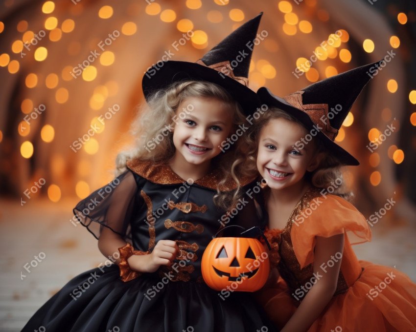 Happy halloween, children in costumes and makeup holiday happy h