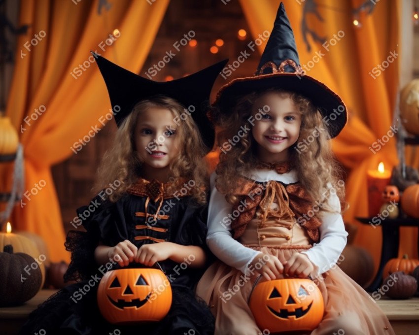 Happy halloween children in costumes and makeup holiday happy ha