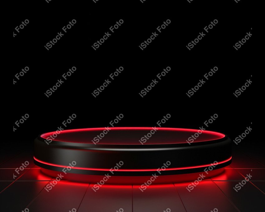 Neon Red light round podium and black background for mock up, Bl