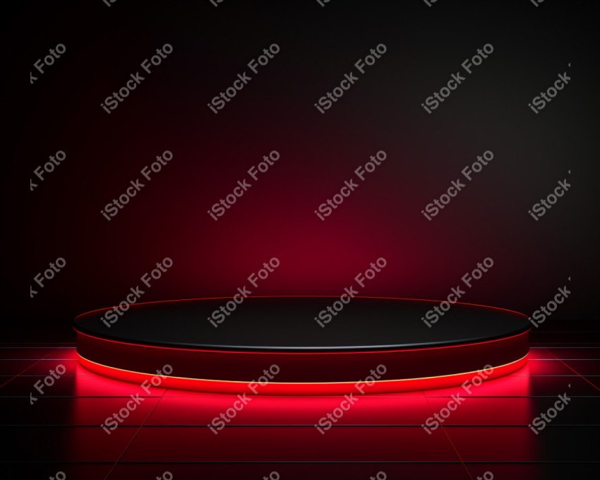 Neon Red light round podium and black background for mock up, Bl