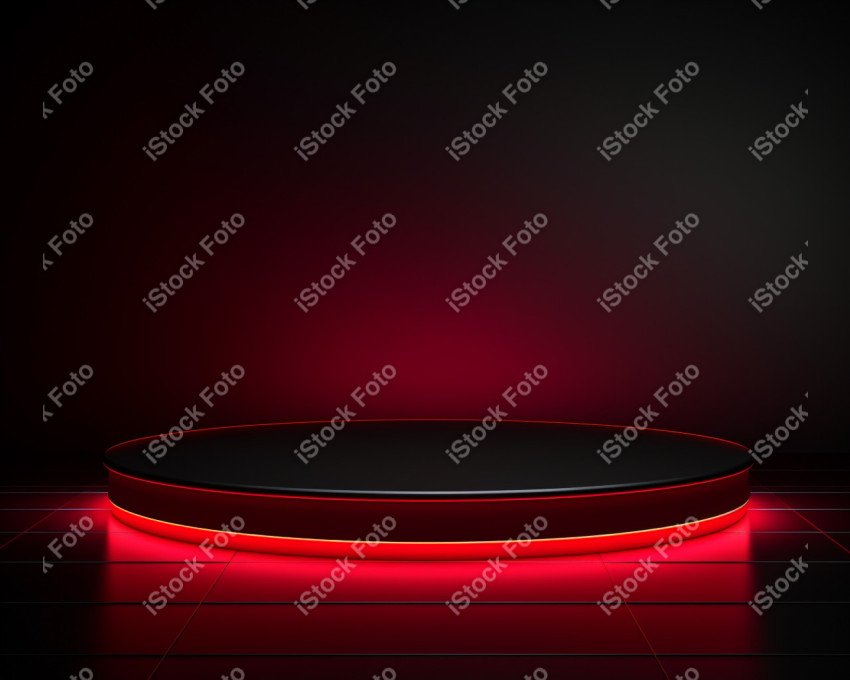 Neon Red light round podium and black background for mock up, Bl