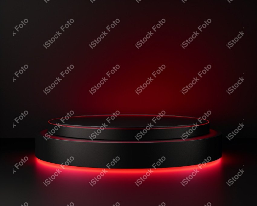 Neon Red light round podium and black background for mock up, Bl