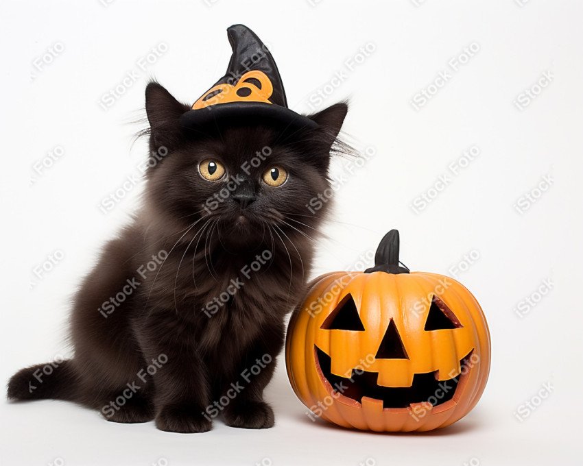 Adorable Black Cat in Halloween Costume with Evil Pumpkins