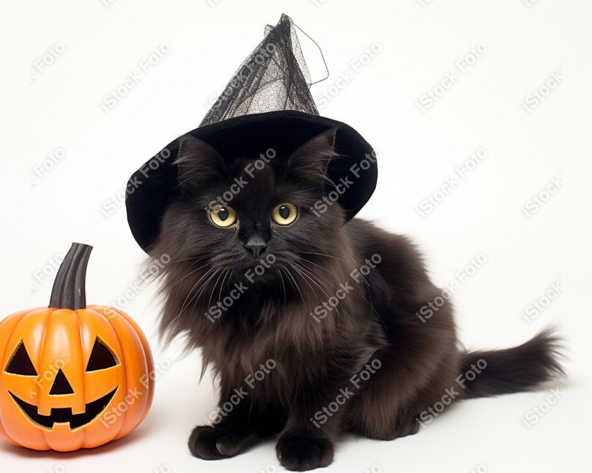 Adorable Black Cat in Halloween Costume with Evil Pumpkins