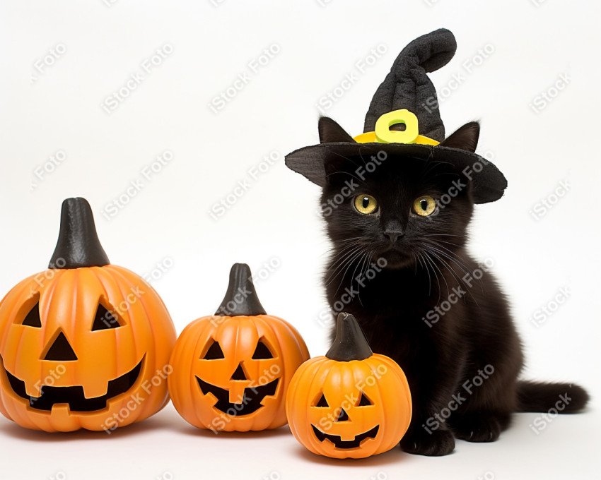 Adorable Black Cat in Halloween Costume with Evil Pumpkins