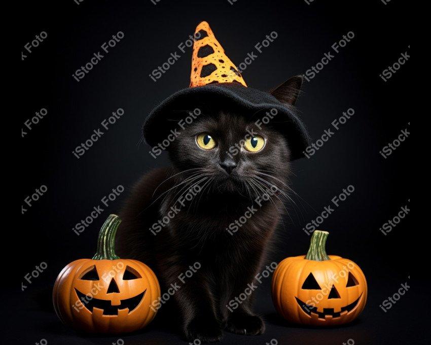 Adorable Black Cat in Halloween Costume with Evil Pumpkins