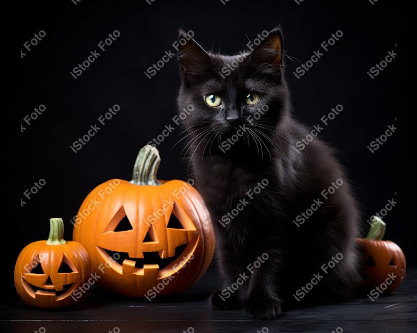 Adorable Black Cat in Halloween Costume with Evil Pumpkins