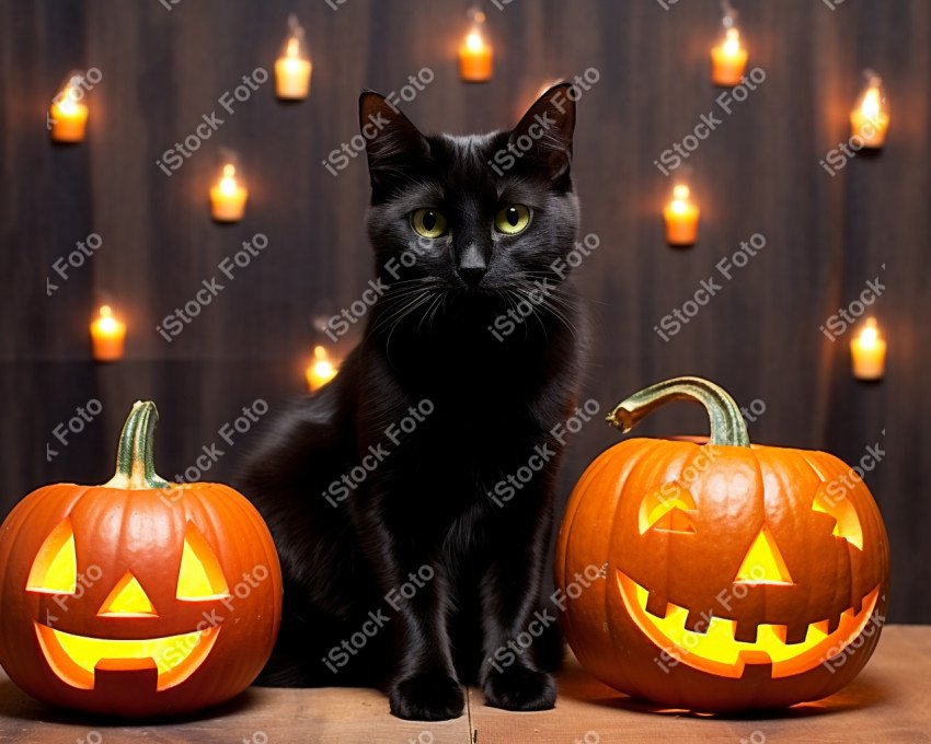 Adorable Black Cat in Halloween Costume with Evil Pumpkins