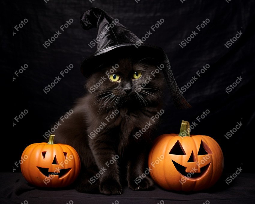 Adorable Black Cat in Halloween Costume with Evil Pumpkins