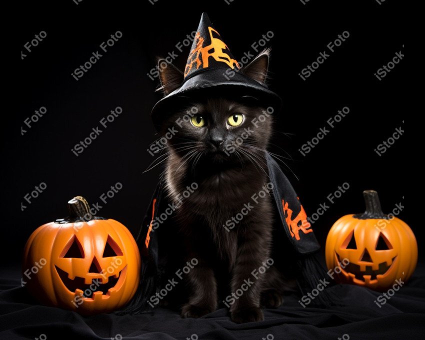 Adorable Black Cat in Halloween Costume with Evil Pumpkins