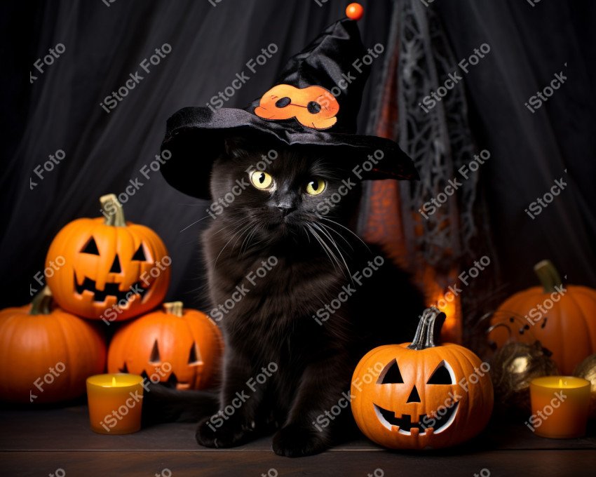 Adorable Black Cat in Halloween Costume with Evil Pumpkins