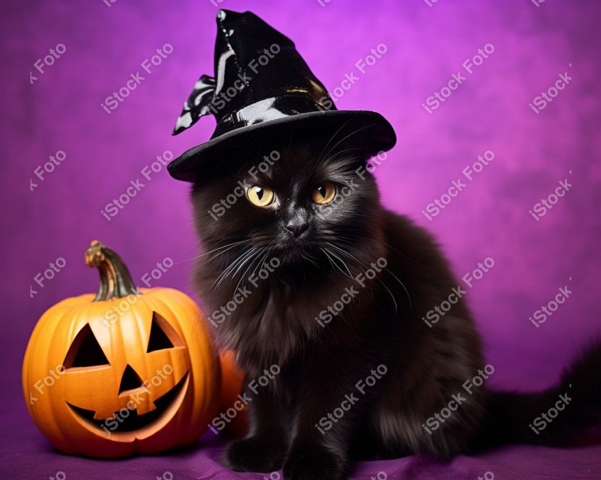 Adorable Black Cat in Halloween Costume with Evil Pumpkins