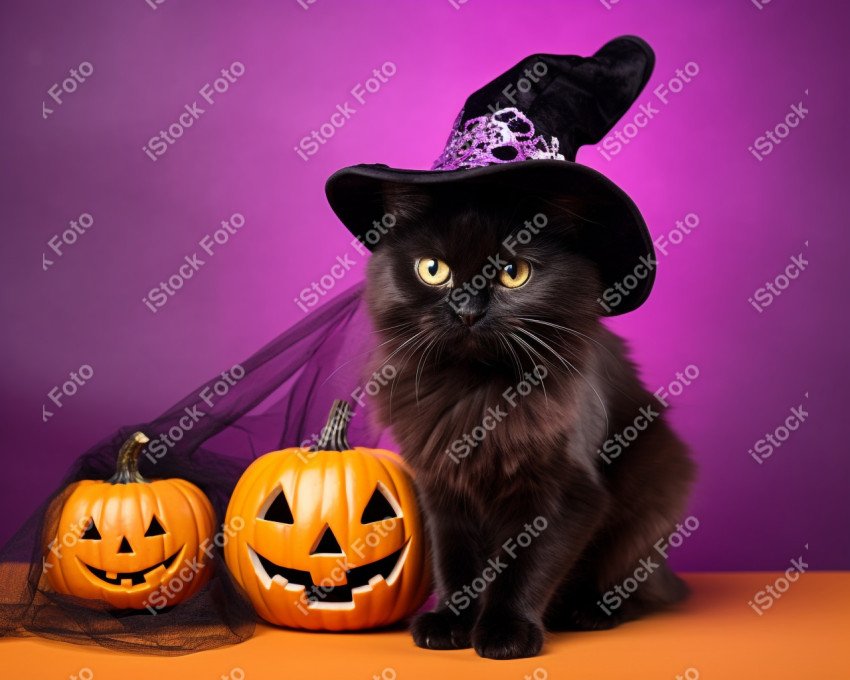 Adorable Black Cat in Halloween Costume with Evil Pumpkins