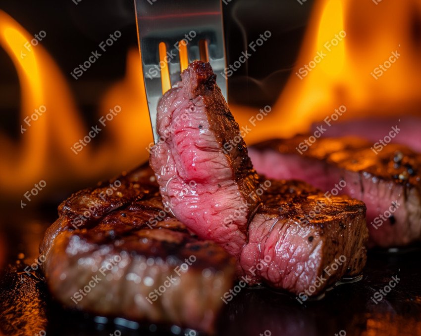 Fatias suculentas de churrasco, com chamas ao fundo