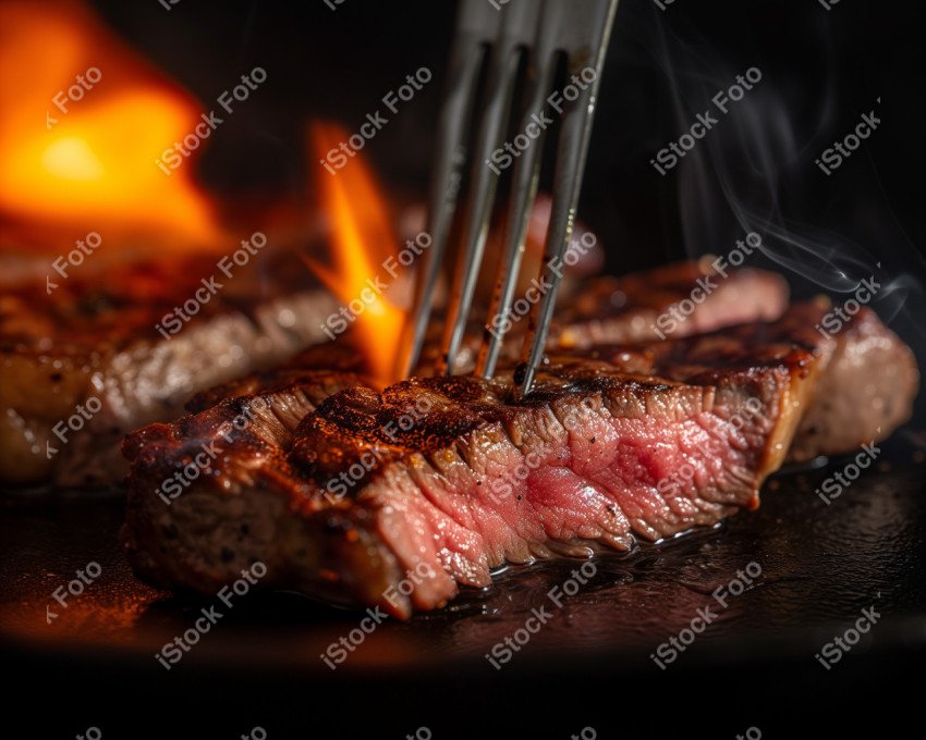 Fatias suculentas de churrasco, com chamas ao fundo