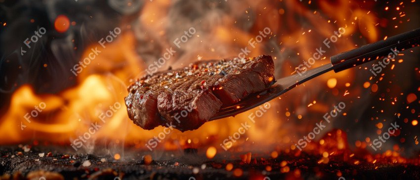 Fatias suculentas de churrasco, com chamas ao fundo