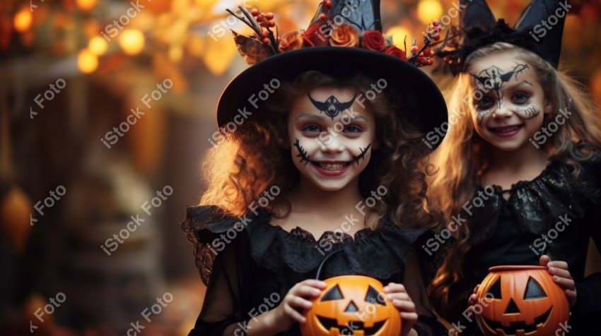 Happy halloween children in costumes and makeup holiday happy ha