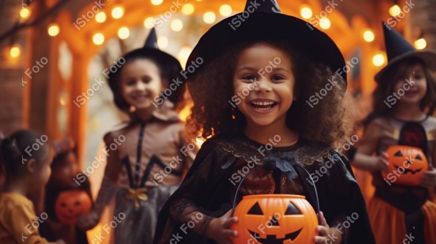 Happy halloween children in costumes and makeup holiday happy ha