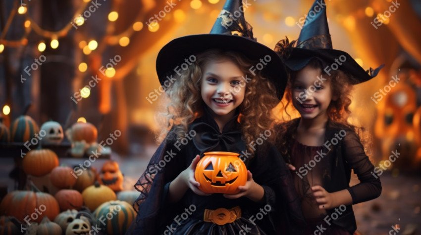 Happy halloween children in costumes and makeup holiday happy ha