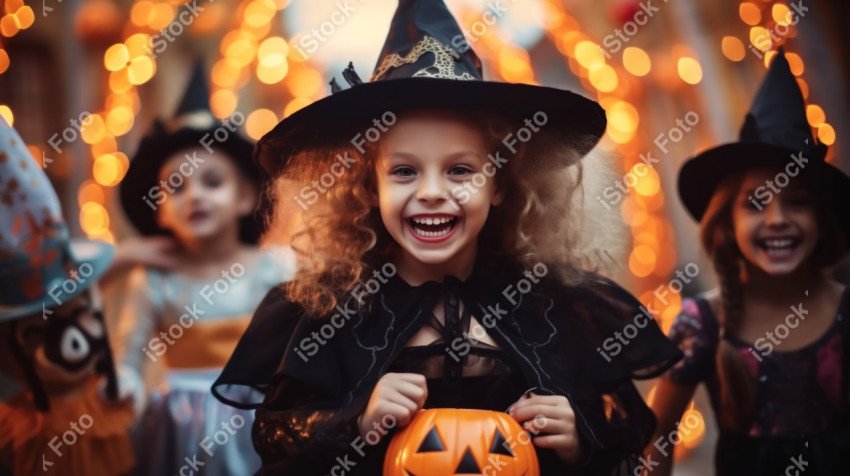 Happy halloween children in costumes and makeup holiday happy ha