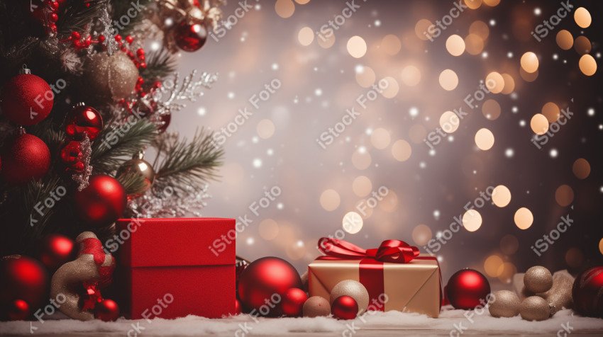 Christmas background, tree branches, gift boxes, red baubles