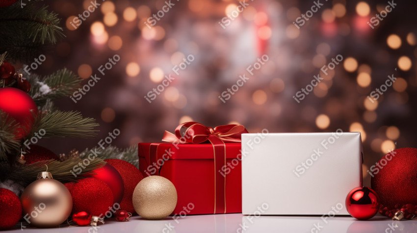 Christmas background, tree branches, gift boxes, red baubles