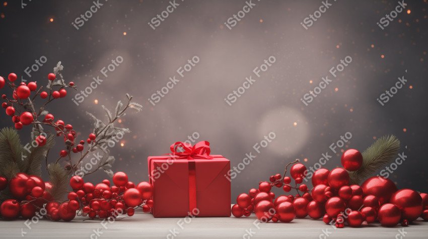 Christmas background, tree branches, gift boxes, red baubles