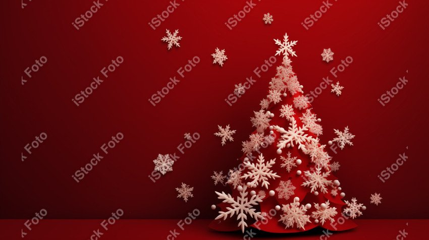 Red background of Merry Christmas card, Christmas tree and snow