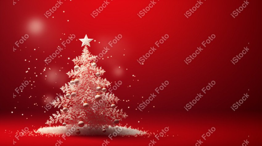 Red background of Merry Christmas card, Christmas tree and snow