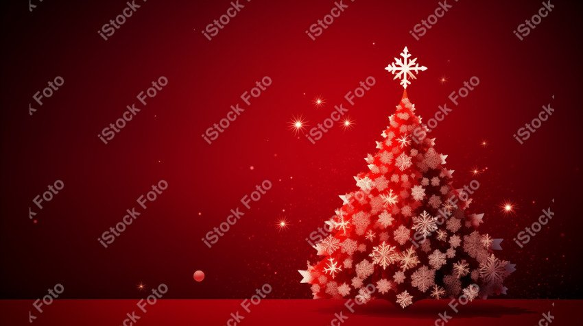 Red background of Merry Christmas card, Christmas tree and snow