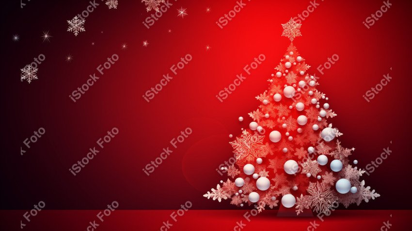 Red background of Merry Christmas card, Christmas tree and snow