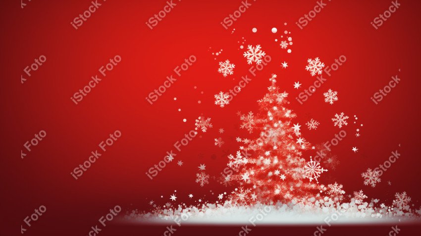 Red background of Merry Christmas card, Christmas tree and snow