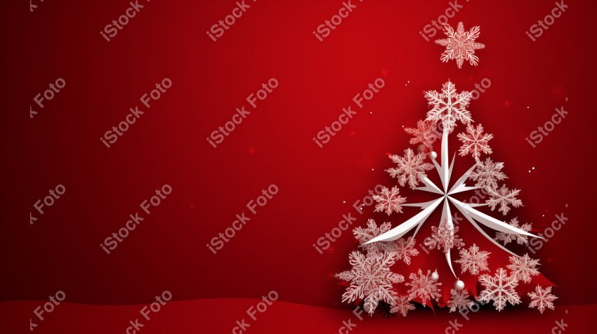 Red background of Merry Christmas card, Christmas tree and snow