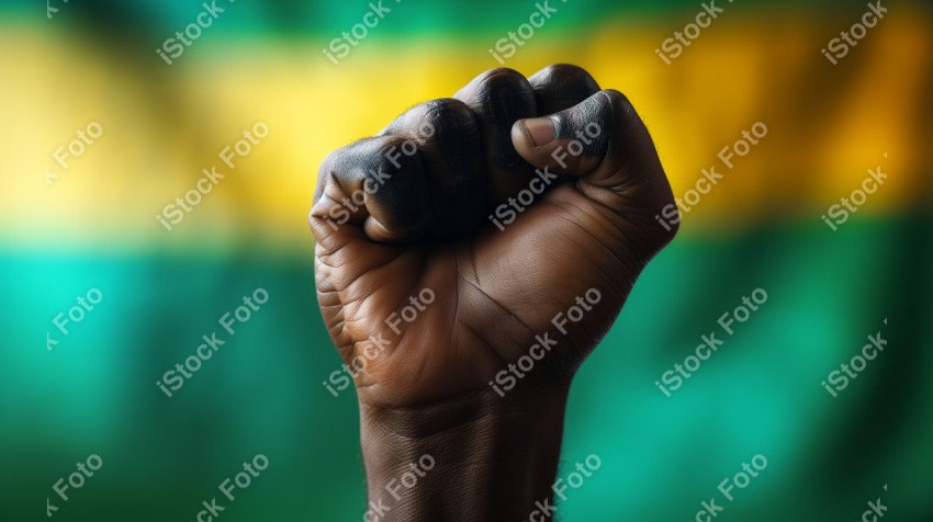 Uma imagem poderosa com um punho preto levantado ao fundo a bandeira do brasil, Gerado com IA (13)