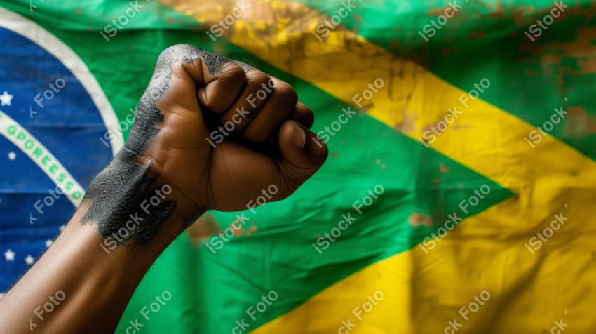 Uma imagem poderosa com um punho preto levantado ao fundo a bandeira do brasil, Gerado com IA (14)