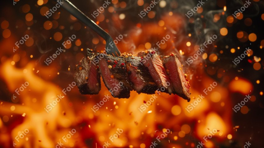 Fatias suculentas de churrasco, com chamas ao fundo