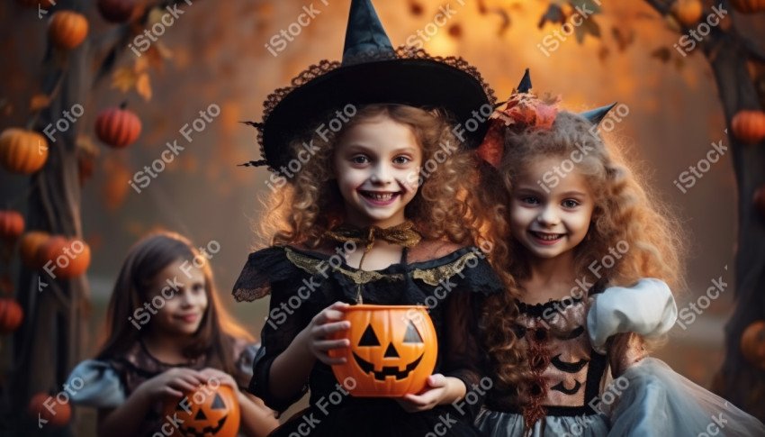 Happy halloween children in costumes and makeup holiday happy ha