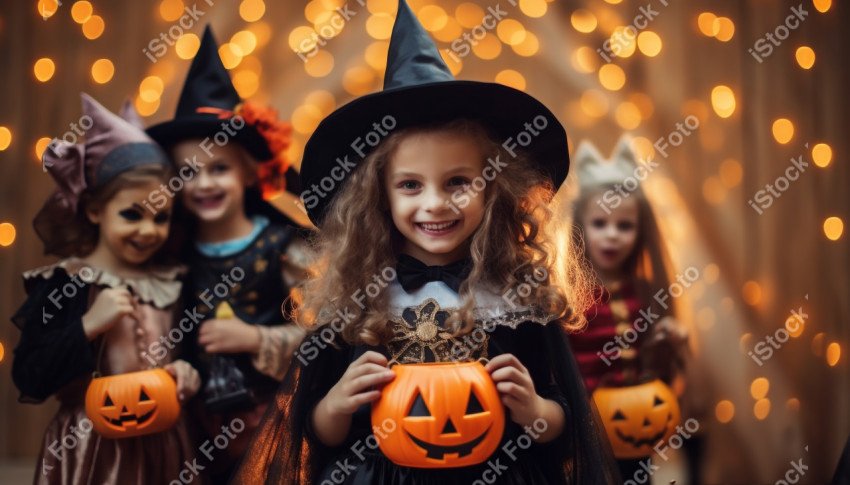 Happy halloween children in costumes and makeup holiday happy ha