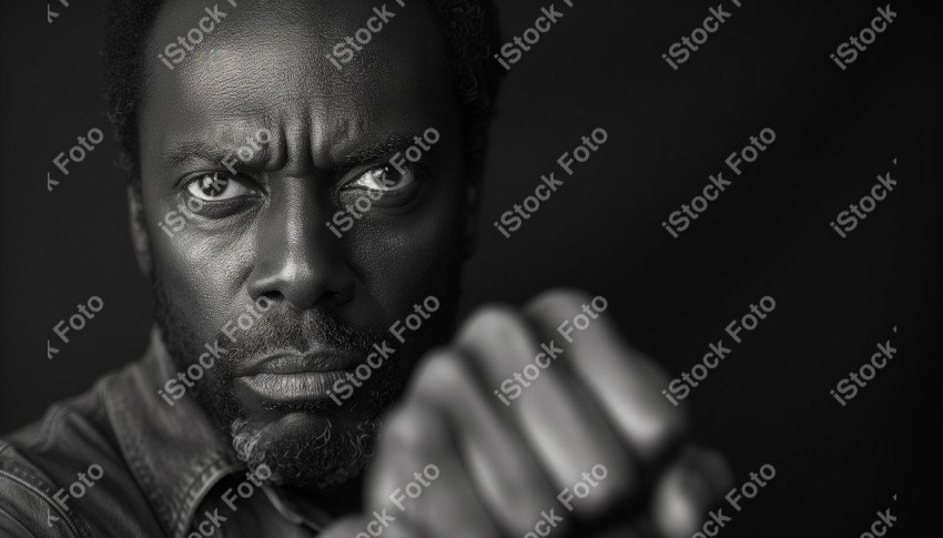 Fotografia em preto e branco homem afro-americano, punho erguido