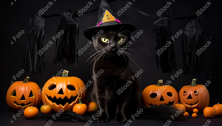 Adorable Black Cat in Halloween Costume with Evil Pumpkins