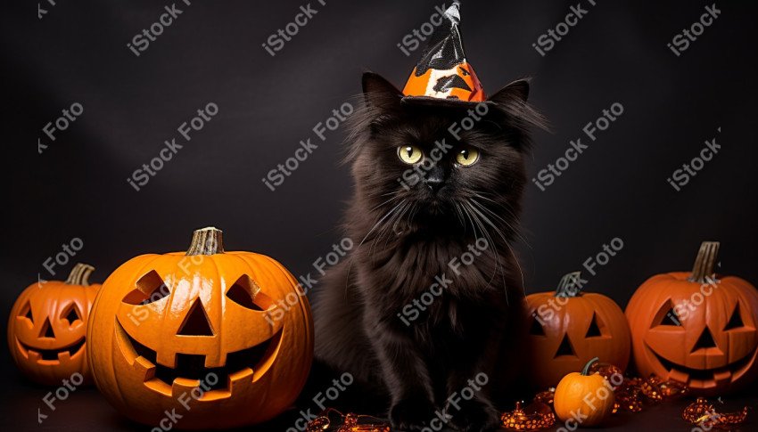 Adorable Black Cat in Halloween Costume with Evil Pumpkins