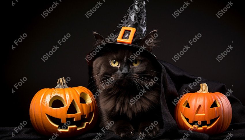 Adorable Black Cat in Halloween Costume with Evil Pumpkins