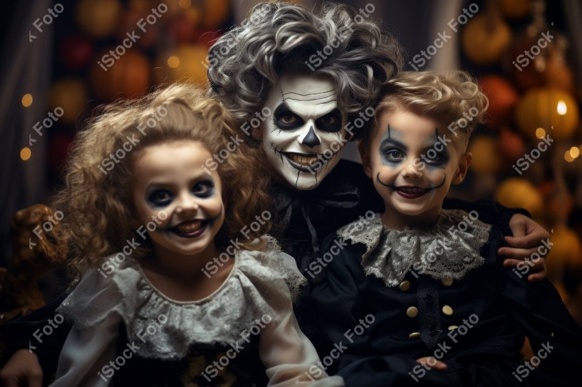 Happy halloween children in costumes and makeup holiday happy ha