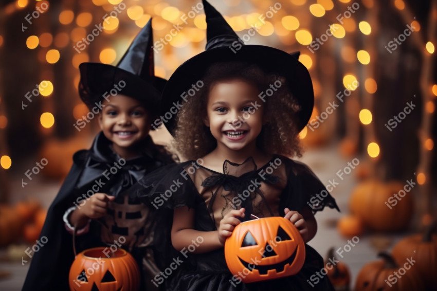 Happy halloween children in costumes and makeup holiday happy ha