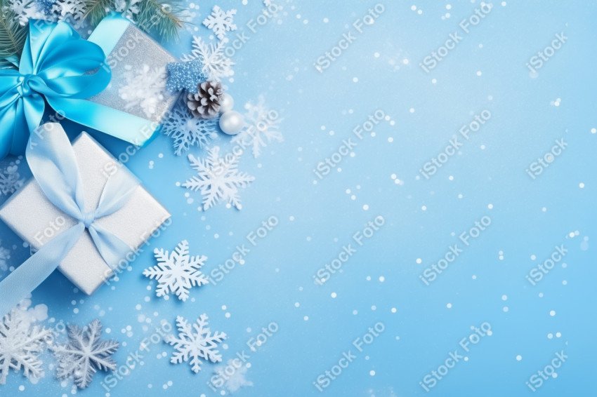 Blue background with Christmas decoration and gifts