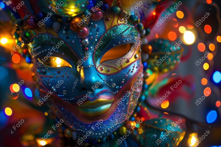 Uma máscara de carnaval colorida adornada com miçangas