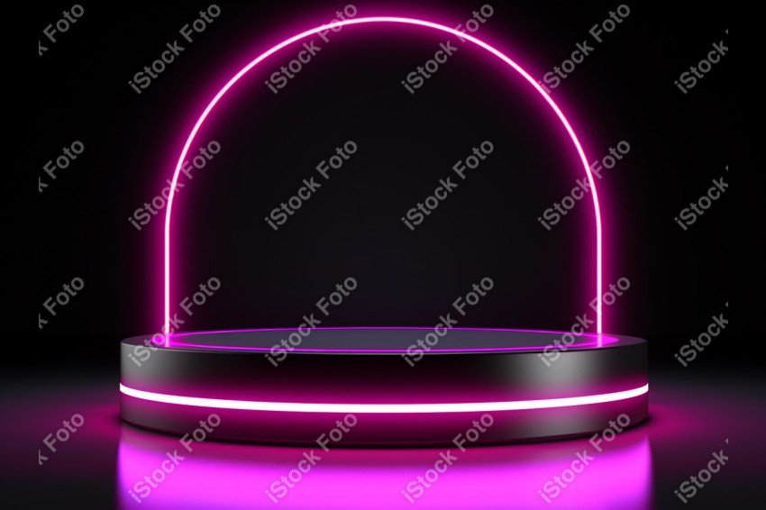 Neon Light round podium and black background for mock up, Black