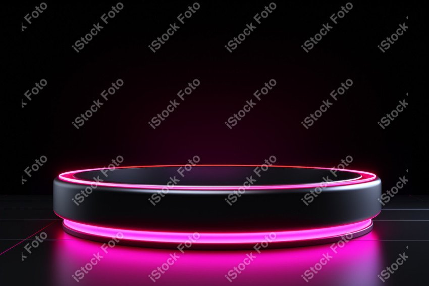 Neon Light round podium and black background for mock up, Black