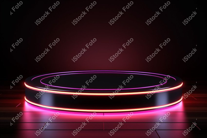 Neon Light round podium and black background for mock up, Black