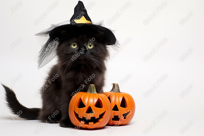 Adorable Black Cat in Halloween Costume with Evil Pumpkins